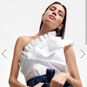 7 For All Mankind Ruffle One Shoulder Top: LARGE